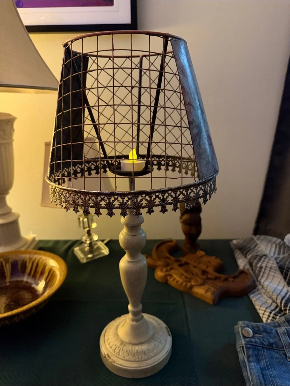Rustic Brown Wire Mesh Lantern Table Lamp - Unbranded